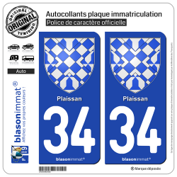 2 Autocollants plaque immatriculation Auto 34 Plaissan - Armoiries