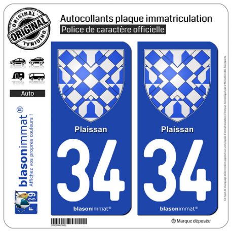 2 Autocollants plaque immatriculation Auto 34 Plaissan - Armoiries