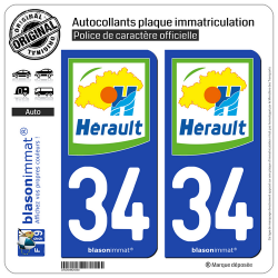 2 Autocollants plaque immatriculation Auto 34 Hérault - Département