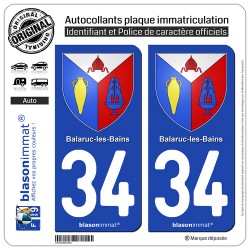 2 Autocollants plaque immatriculation Auto 34 Balaruc-les-Bains - Armoiries