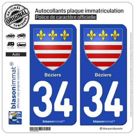 2 Autocollants plaque immatriculation Auto 34 Béziers - Armoiries
