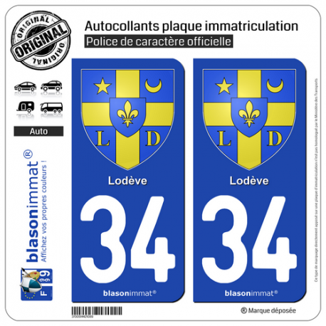 2 Autocollants plaque immatriculation Auto 34 Lodève - Armoiries