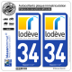 2 Autocollants plaque immatriculation Auto 34 Lodève - Ville