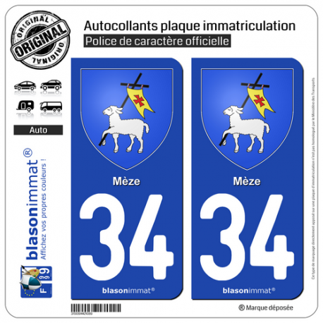 2 Autocollants plaque immatriculation Auto 34 Mèze - Armoiries