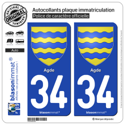 2 Autocollants plaque immatriculation Auto 34 Agde - Armoiries