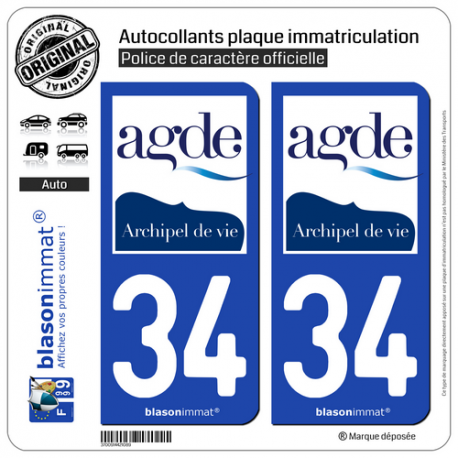 2 Autocollants plaque immatriculation Auto 34 Agde - Commune