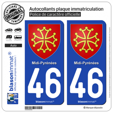 2 Autocollants plaque immatriculation Auto 46 Midi-Pyrénées - Armoiries