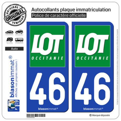 2 Autocollants plaque immatriculation Auto 46 Lot - Département II