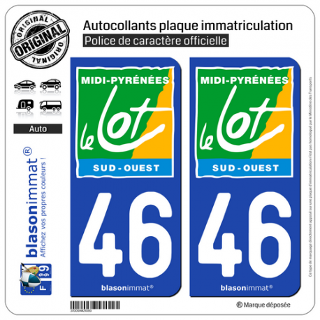 2 Autocollants plaque immatriculation Auto 46 Lot - Sud-Ouest