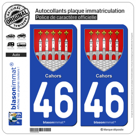 2 Autocollants plaque immatriculation Auto 46 Cahors - Armoiries