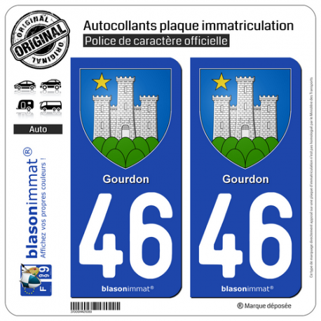 2 Autocollants plaque immatriculation Auto 46 Gourdon - Armoiries II