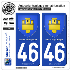 2 Autocollants plaque immatriculation Auto 46 Saint-Cirq-Lapopie - Armoiries
