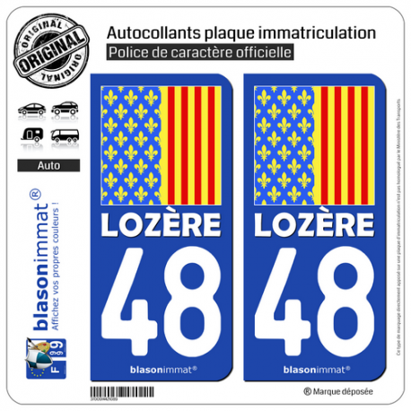 2 Autocollants plaque immatriculation Auto 48 Lozère - Drapeau Ajusté