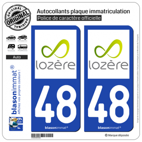 2 Autocollants plaque immatriculation Auto 48 Lozère - Département