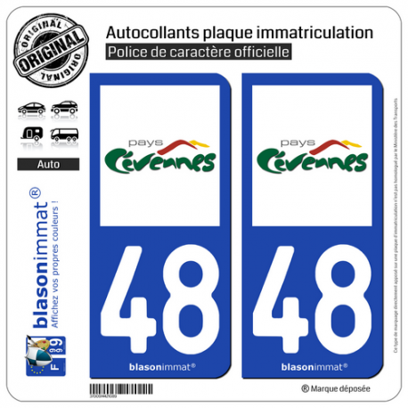 2 Autocollants plaque immatriculation Auto 48 Cévennes - Pays