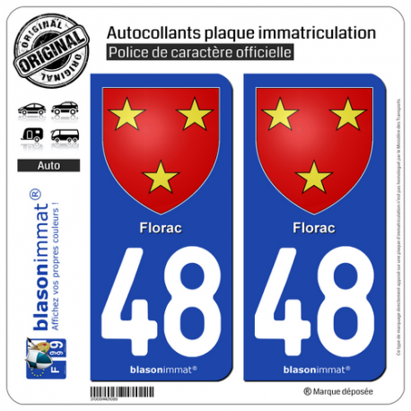 2 Autocollants plaque immatriculation Auto 48 Florac - Armoiries