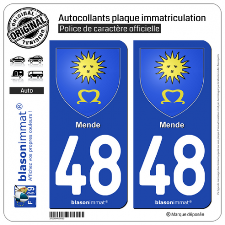 2 Autocollants plaque immatriculation Auto 48 Mende - Armoiries