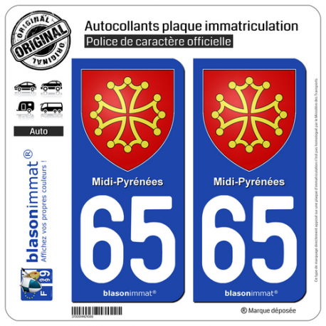 2 Autocollants plaque immatriculation Auto 65 Midi-Pyrénées - Armoiries