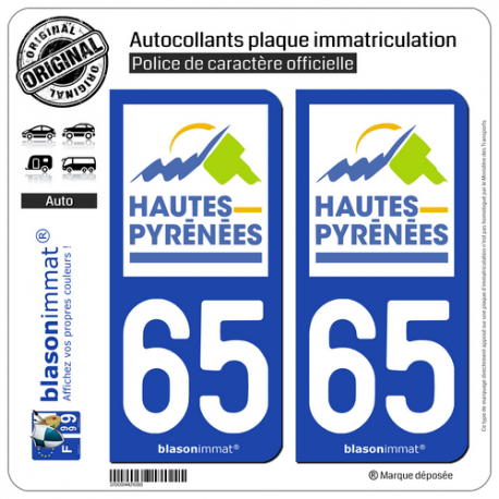 2 Autocollants plaque immatriculation Auto 65 Hautes-Pyrénées - Département