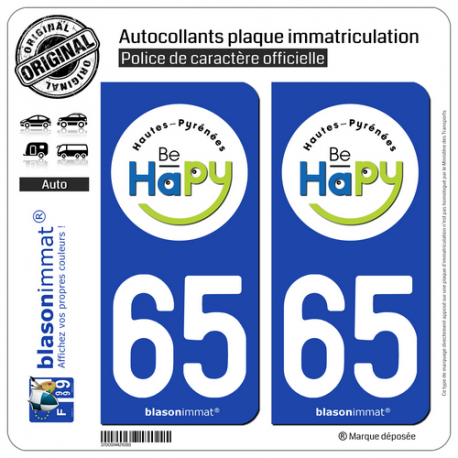 2 Autocollants plaque immatriculation Auto 65 Hautes-Pyrénées - Tourisme