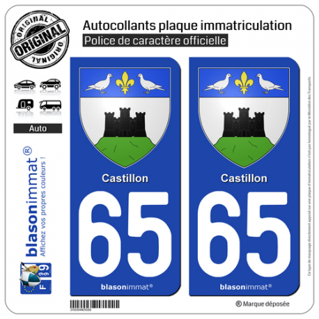 2 Autocollants plaque immatriculation Auto 65 Castillon - Armoiries