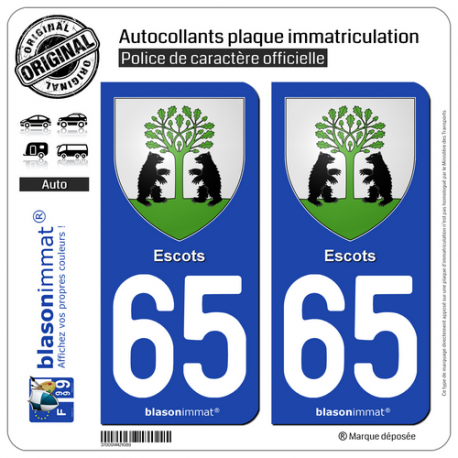 2 Autocollants plaque immatriculation Auto 65130 Escots - Armoiries