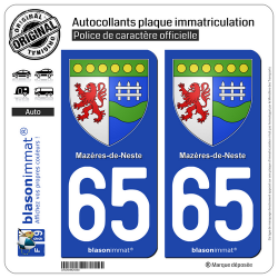 2 Autocollants plaque immatriculation Auto 65 Mazères-de-Neste - Armoiries