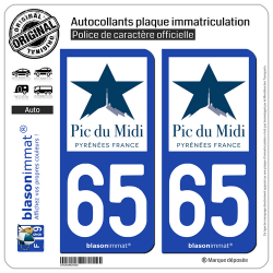 2 Autocollants plaque immatriculation Auto 65 Pic du Midi - Tourisme