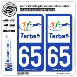 2 Autocollants plaque immatriculation Auto 65 Tarbes - Tourisme