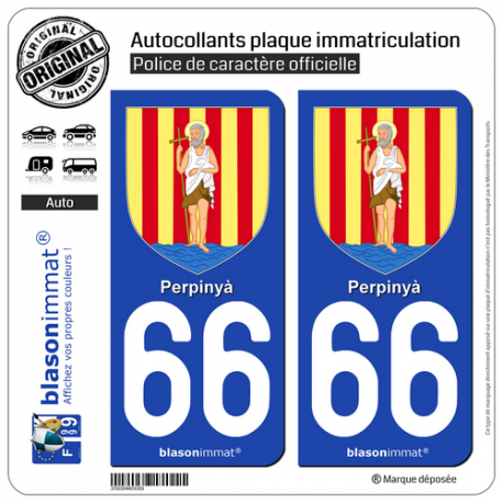 2 Autocollants plaque immatriculation Auto 66 Perpinyà - Armoiries