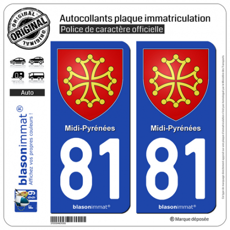 2 Autocollants plaque immatriculation Auto 81 Midi-Pyrénées - Armoiries