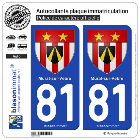 2 Autocollants plaque immatriculation Auto 81 Murat-sur-Vèbre - Armoiries