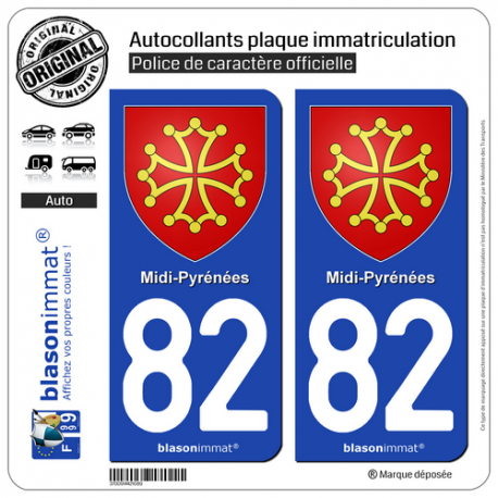2 Autocollants plaque immatriculation Auto 82 Midi-Pyrénées - Armoiries