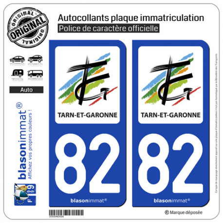 2 Autocollants plaque immatriculation Auto 82 Tarn-et-Garonne - Département