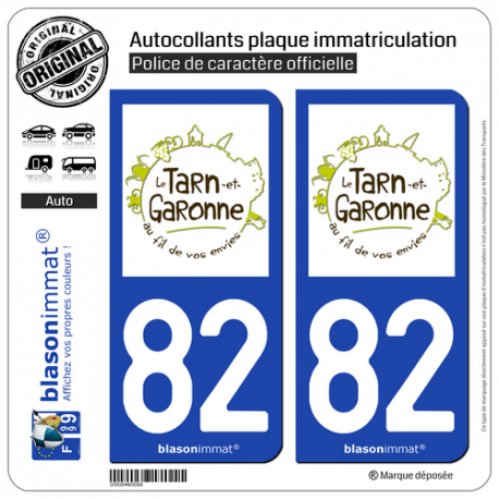 2 Autocollants plaque immatriculation Auto 82 Tarn-et-Garonne - Tourisme