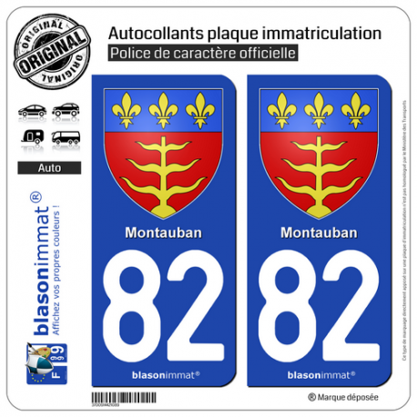 2 Autocollants plaque immatriculation Auto 82 Montauban - Armoiries