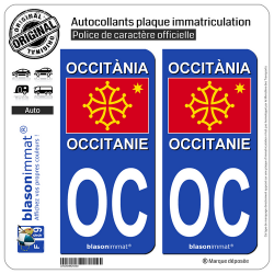 2 Autocollants plaque immatriculation Auto OC Occitanie - Drapeau