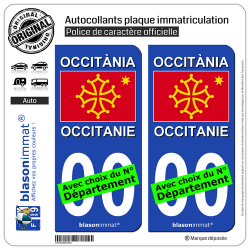 2 Autocollants plaque immatriculation Auto Occitanie - Drapeau