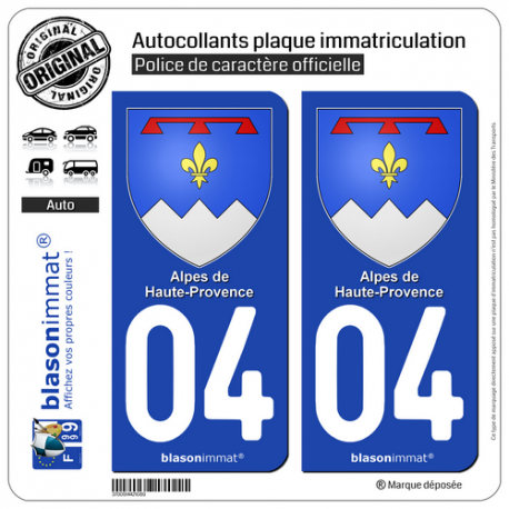 2 Autocollants plaque immatriculation Auto 04 Alpes de Haute-Provence - Armoiries