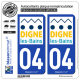 2 Autocollants plaque immatriculation Auto 04 Digne-les-Bains - Ville