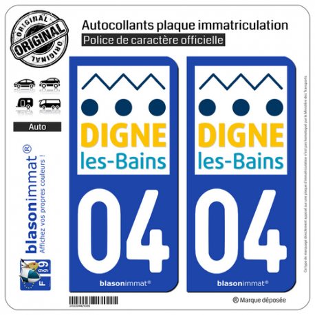 2 Autocollants plaque immatriculation Auto 04 Digne-les-Bains - Ville