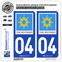 2 Autocollants plaque immatriculation Auto 04 PACA - Terre Méditerranée