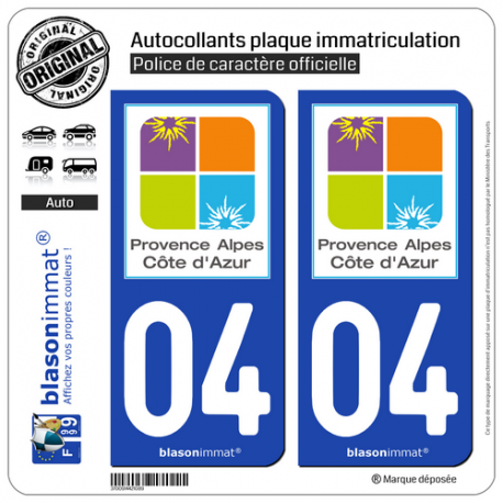2 Autocollants plaque immatriculation Auto 04 PACA - Tourisme