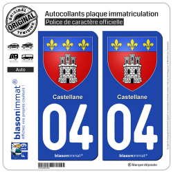 2 Autocollants plaque immatriculation Auto 04 Castellane - Armoiries