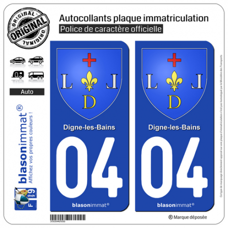 2 Autocollants plaque immatriculation Auto 04 Digne-les-Bains - Armoiries