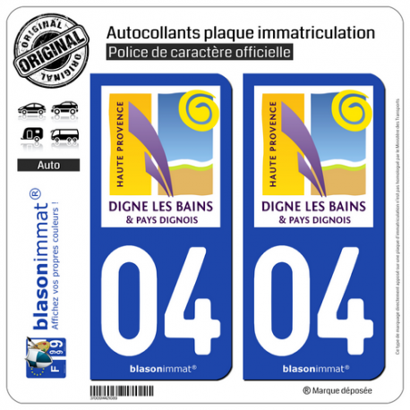 2 Autocollants plaque immatriculation Auto 04 Digne-les-Bains - Tourisme