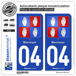 2 Autocollants plaque immatriculation Auto 04 Manosque - Armoiries