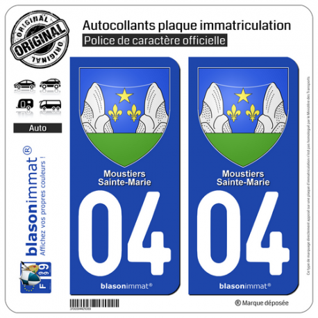 2 Autocollants plaque immatriculation Auto 04 Moustiers-Sainte-Marie - Armoiries