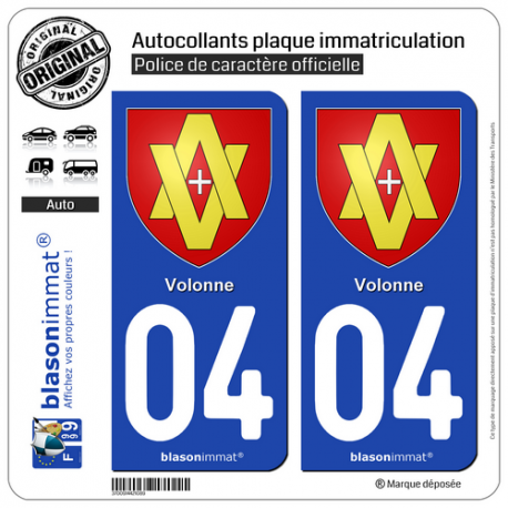 2 Autocollants plaque immatriculation Auto 04 Volonne - Armoiries