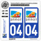 2 Autocollants plaque immatriculation Auto 04 Annot - Commune